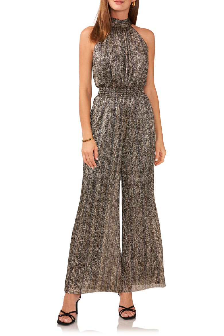 Metallic Smocked Waist Wide Leg Jumpsuit, Main, color, RICH BLACK