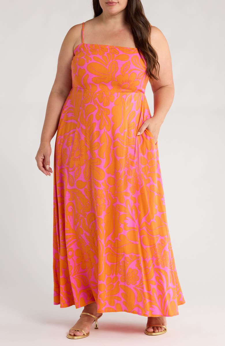 SUGARLIPS Kaci Floral Vin Smocked Sundress, Main, color, Orange/ Fuchsia