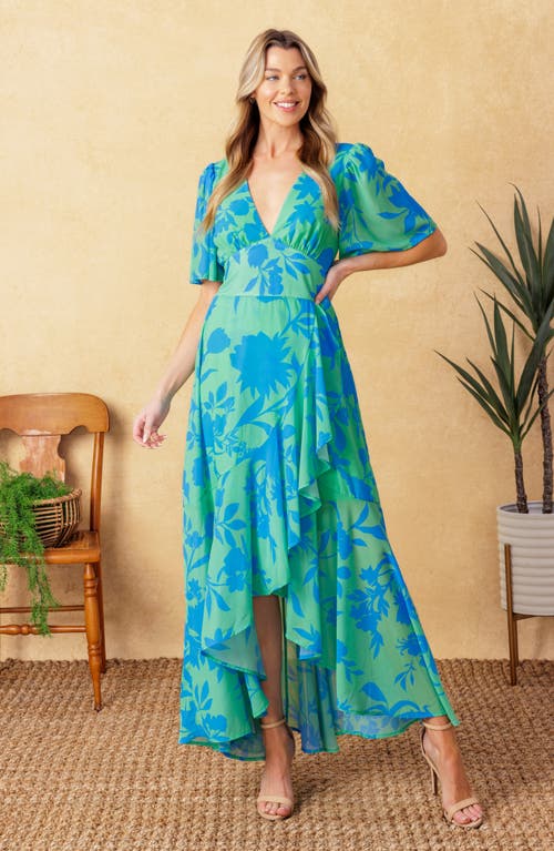 Flying Tomato Flutter Sleeve Wrap Style Midi Dress In Green Blue