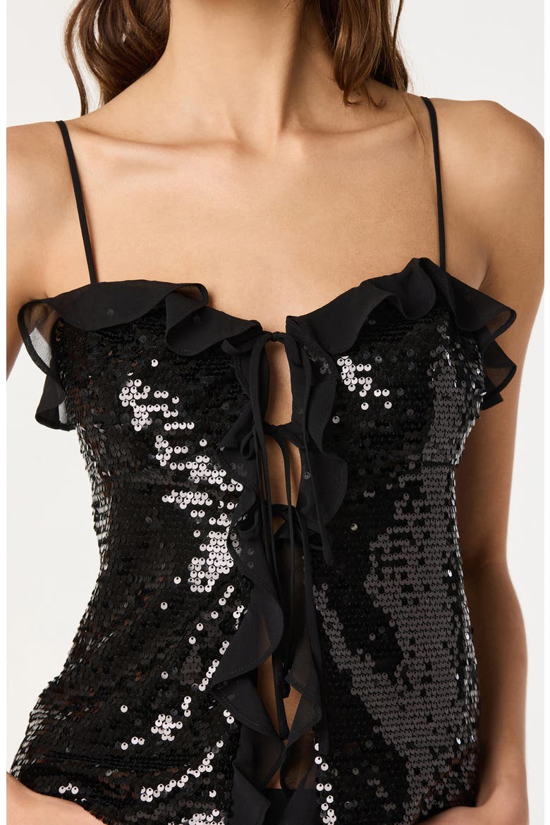 Sequin Ruffle Trim Tie Front Top, Alternate, color, BLACK