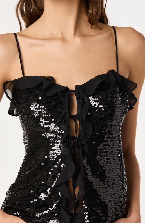 Astr The Label Sequin Ruffle Trim Tie Front Top In Black