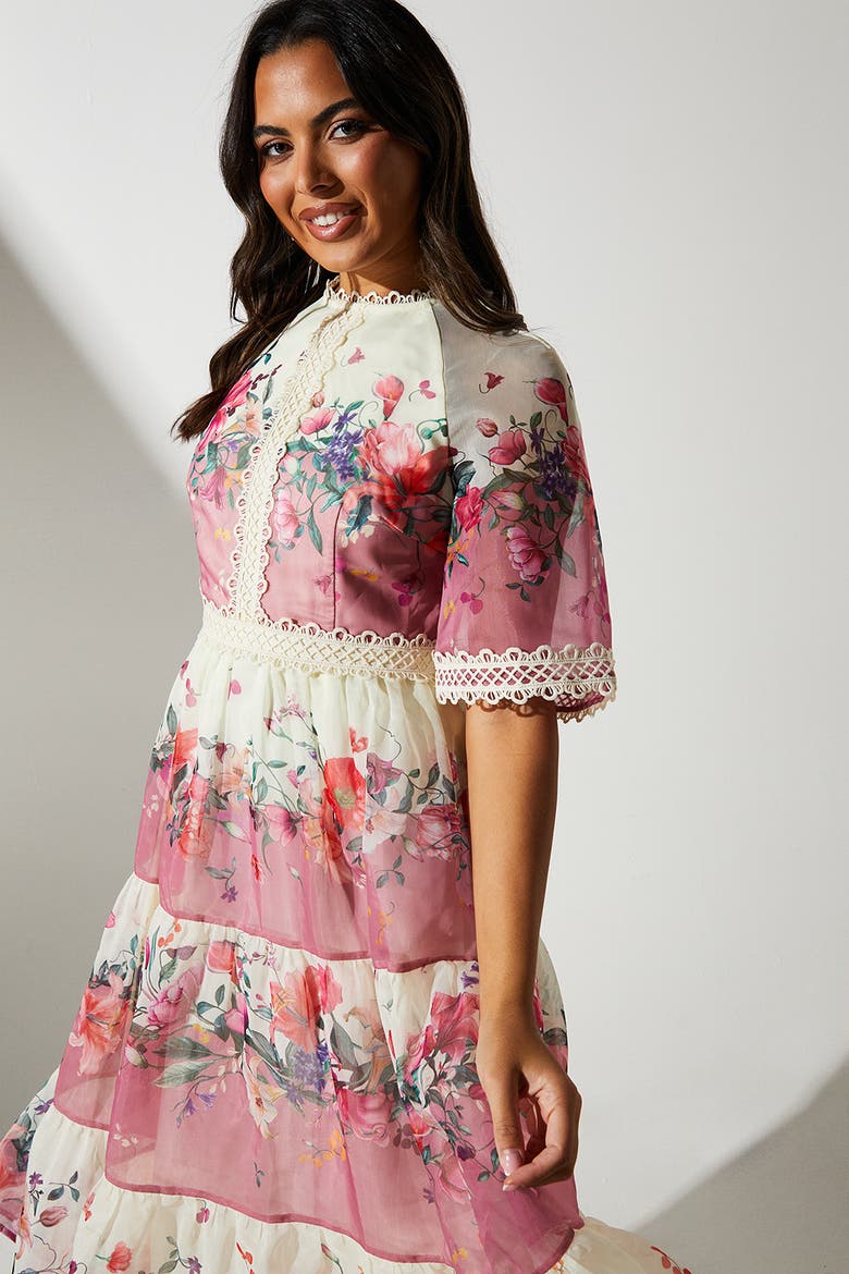 Organza Floral Tiered Lace Trim Dress, Alternate, color, Multi