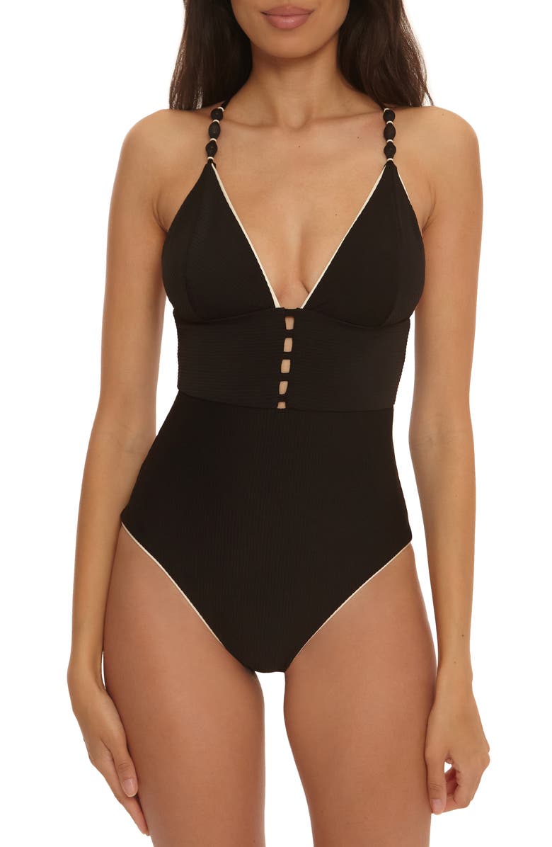 Trina Turk Corinth Contrast Binding Rib One-Piece Swimsuit, Main, color, Black/ Vanilla