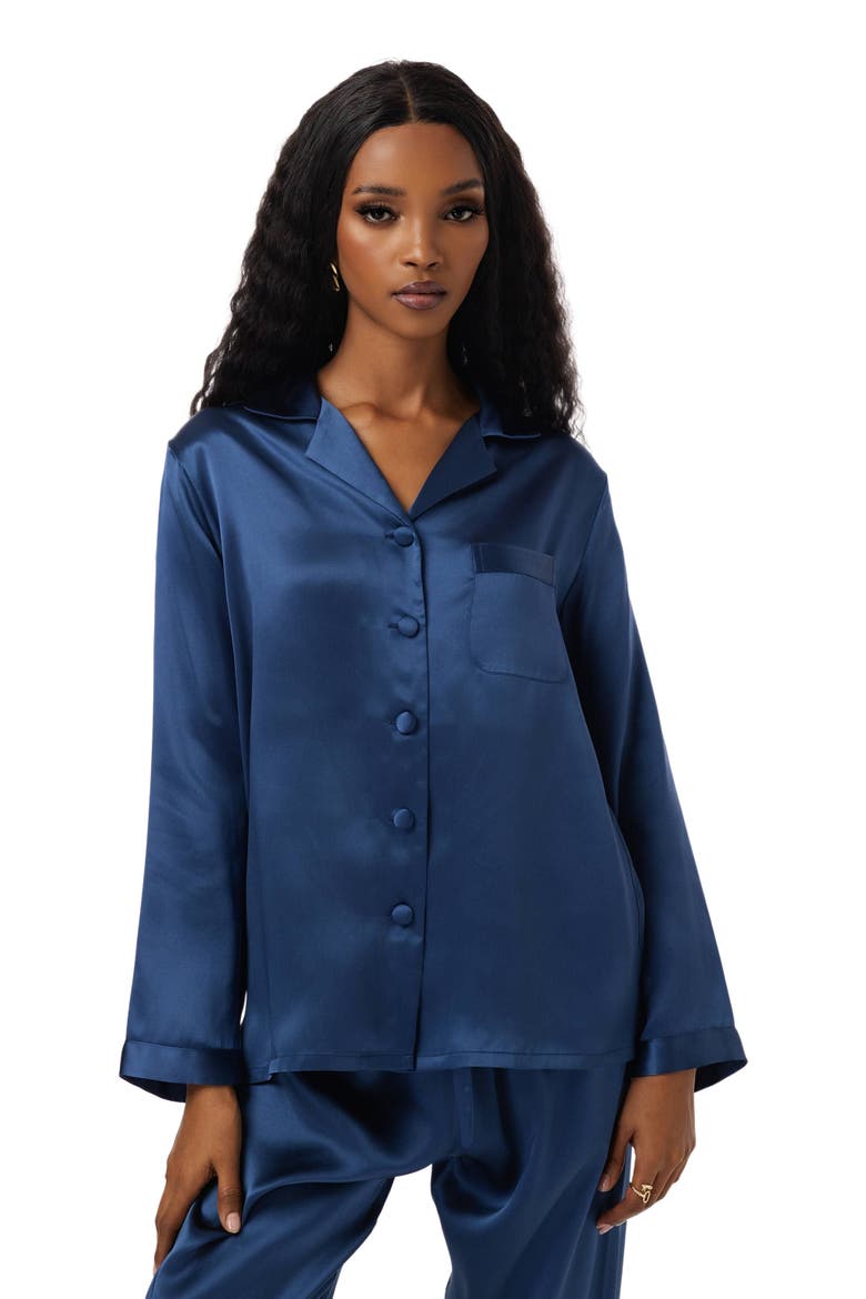 Silk Button Up Collared Women's Pajama Set, Alternate, color, Dark Blue
