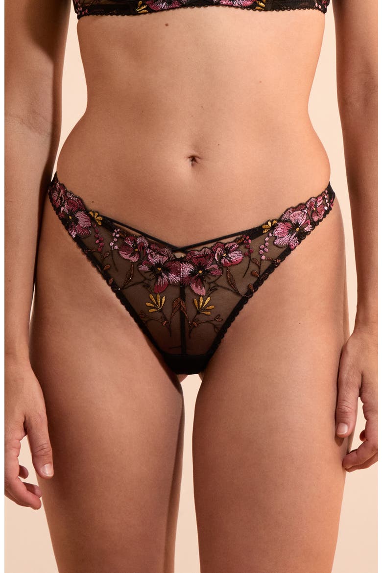 Nova Embroidered Tulle Tanga Panties, Main, color, BLACK