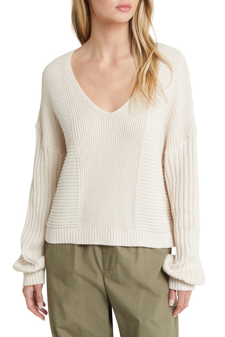 Feel the Breeze Mix Stitch Cotton V-Neck Sweater, Main, color, WHITE SAND