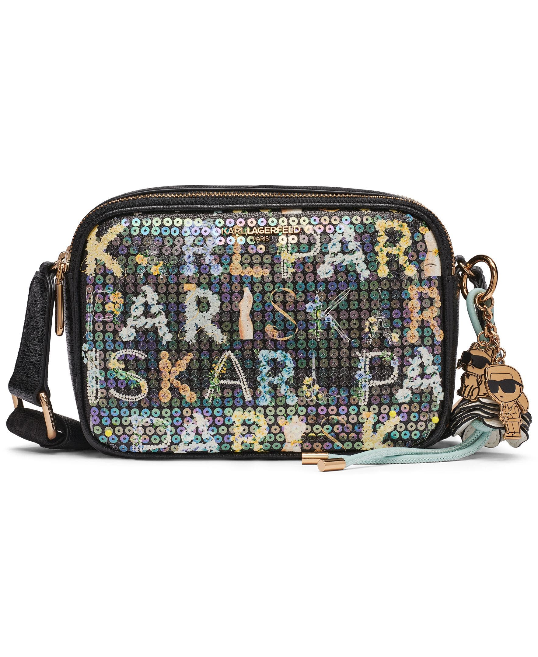 KARL LAGERFELD PARIS Maybelle Sequin KL Crossbody, Main, color, Black Multi
