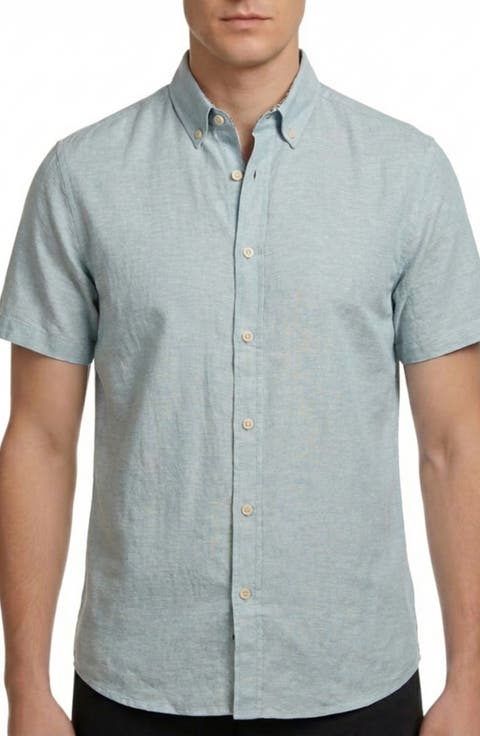Short Sleeve Linen & Cotton Blend Button-Up Shirt