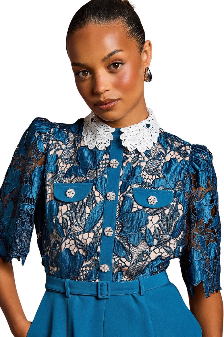 Petite Lace Shirt Short Sleeve Jumpsuit, Alternate, color, Slate Blue