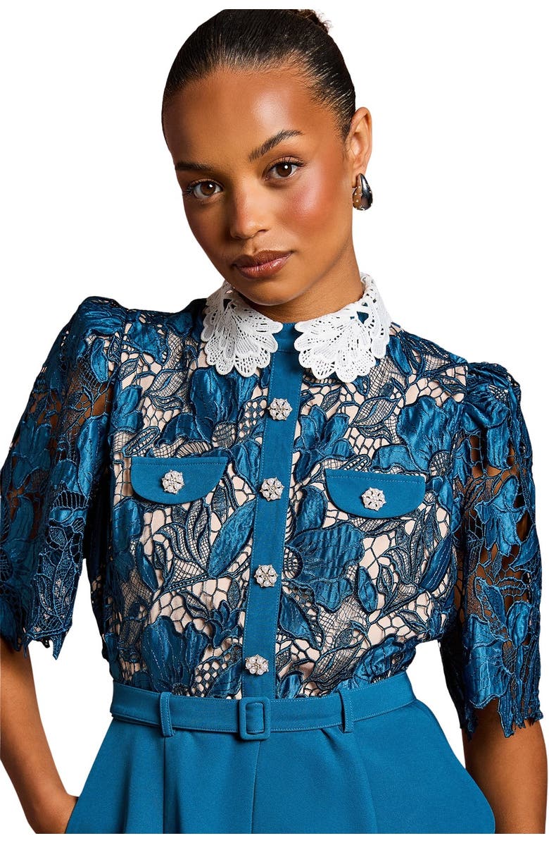 Coast Petite Lace Shirt Short Sleeve Jumpsuit, Alternate, color, Slate Blue