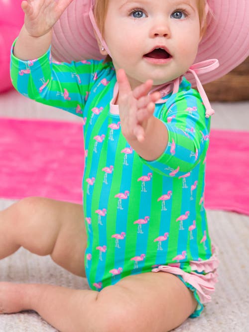 Shop Rufflebutts Toddler Girls Long Sleeve Upf50+ One Piece Rash Guard In Neon Flamingo Stripe