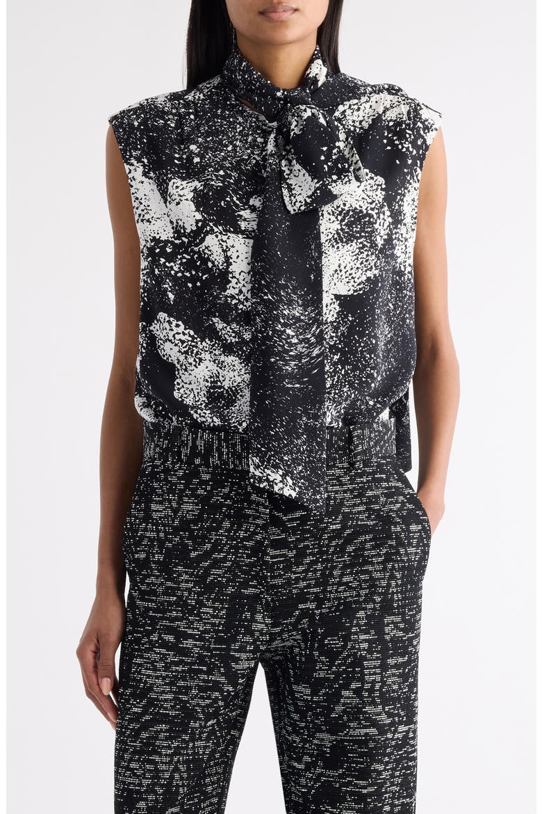 Cecussi Abstract Floral Tie Neck Top, Main, color, BLACK