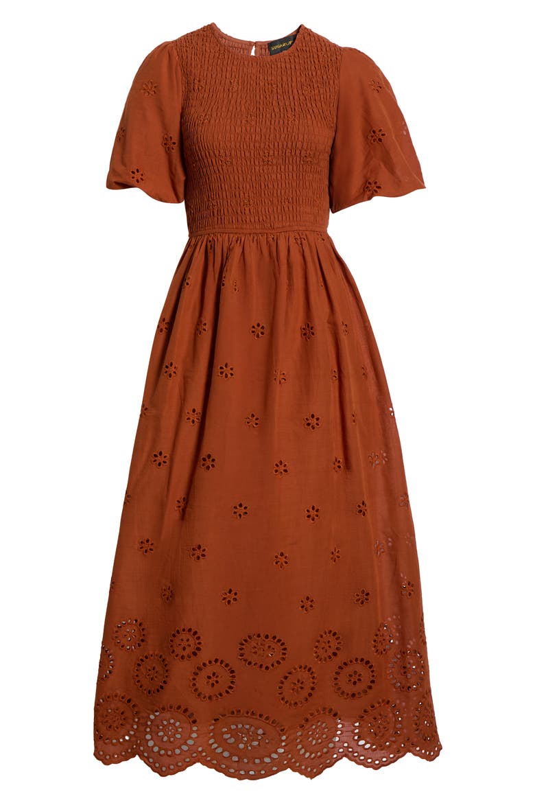 Deana Eyelet Smocked Midi Dress, Alternate, color, BROWN