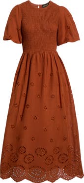 SUGARLIPS Deana Eyelet Smocked Midi Dress
