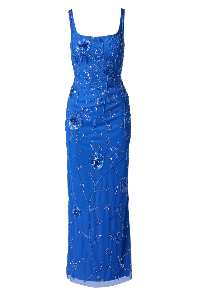Beaded Mesh Column Gown, Alternate, color, BRILLIANT SAPPHIRE