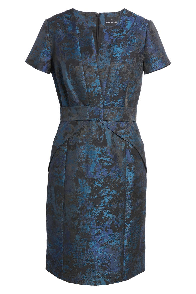 Jacquard Bow Sheath Cocktail Dress, Alternate, color, BLUE