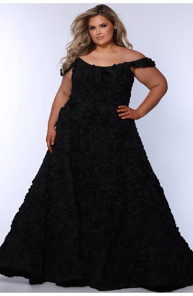 Sydney's Closet Off-The-Shoudler A-Line Plus Size Evening Gown, Main, color, Black