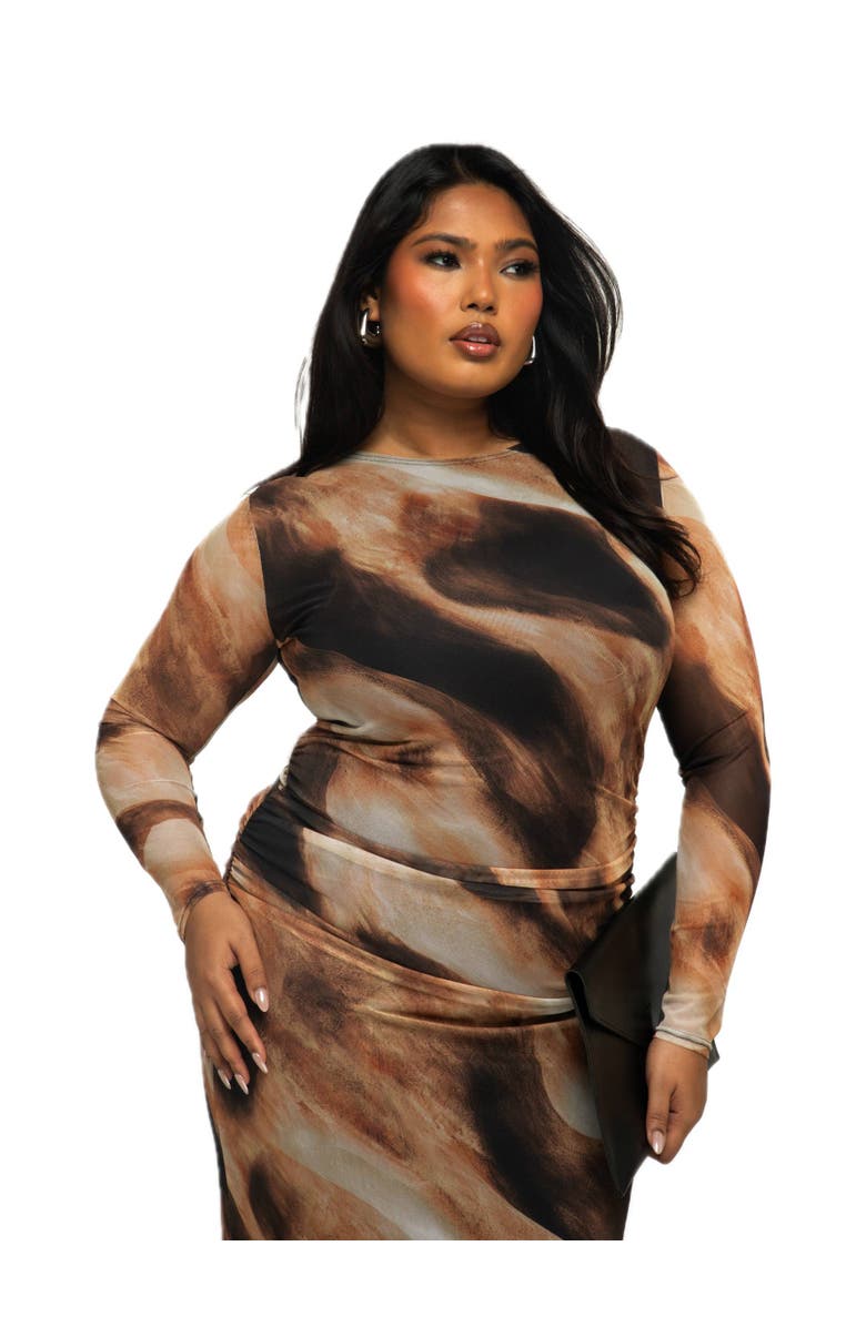 FASHION-SZN CURVE Long Sleeved Abstract Print Midaxi Dress, Alternate, color, Brown