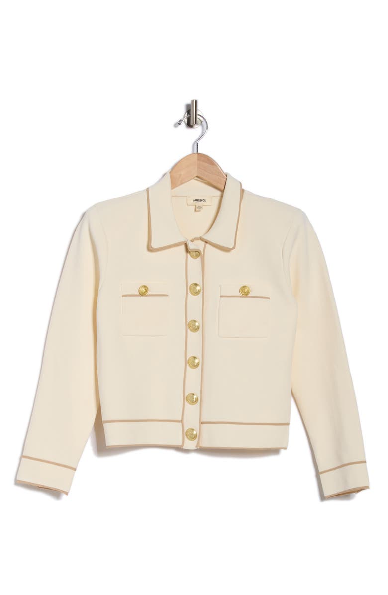 L'AGENCE Neon Trim Cropped Cardigan, Main, color, Vintage White/ Almond