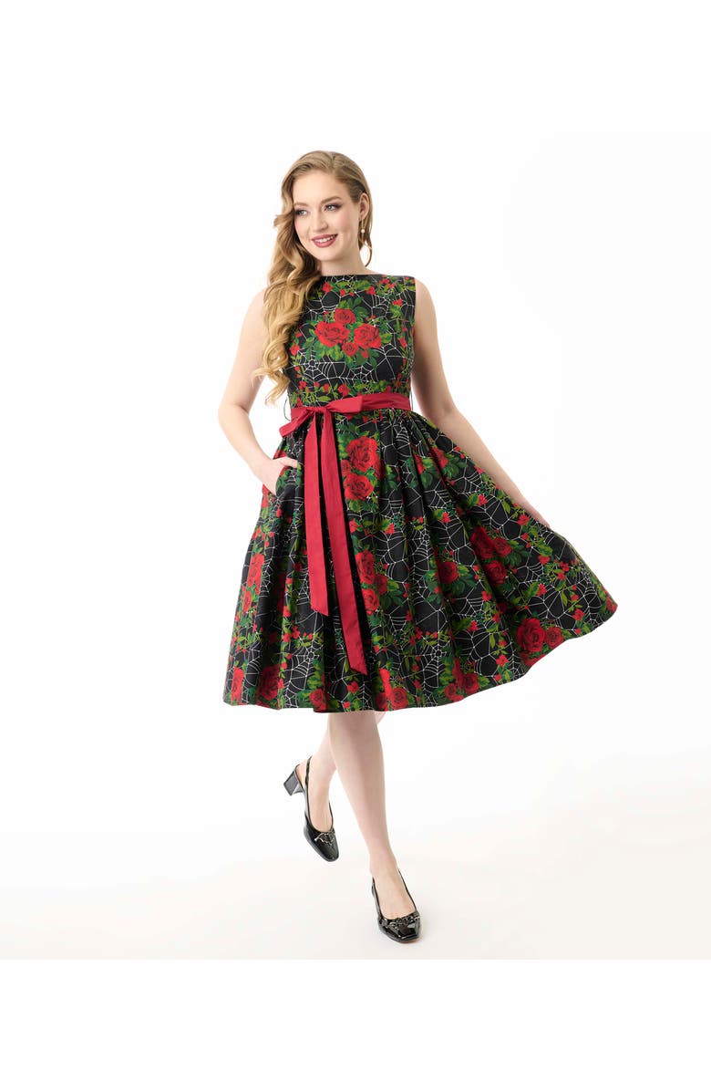 Unique Vintage Sleeveless Belted Swing Dress, Main, color, Black/ Red