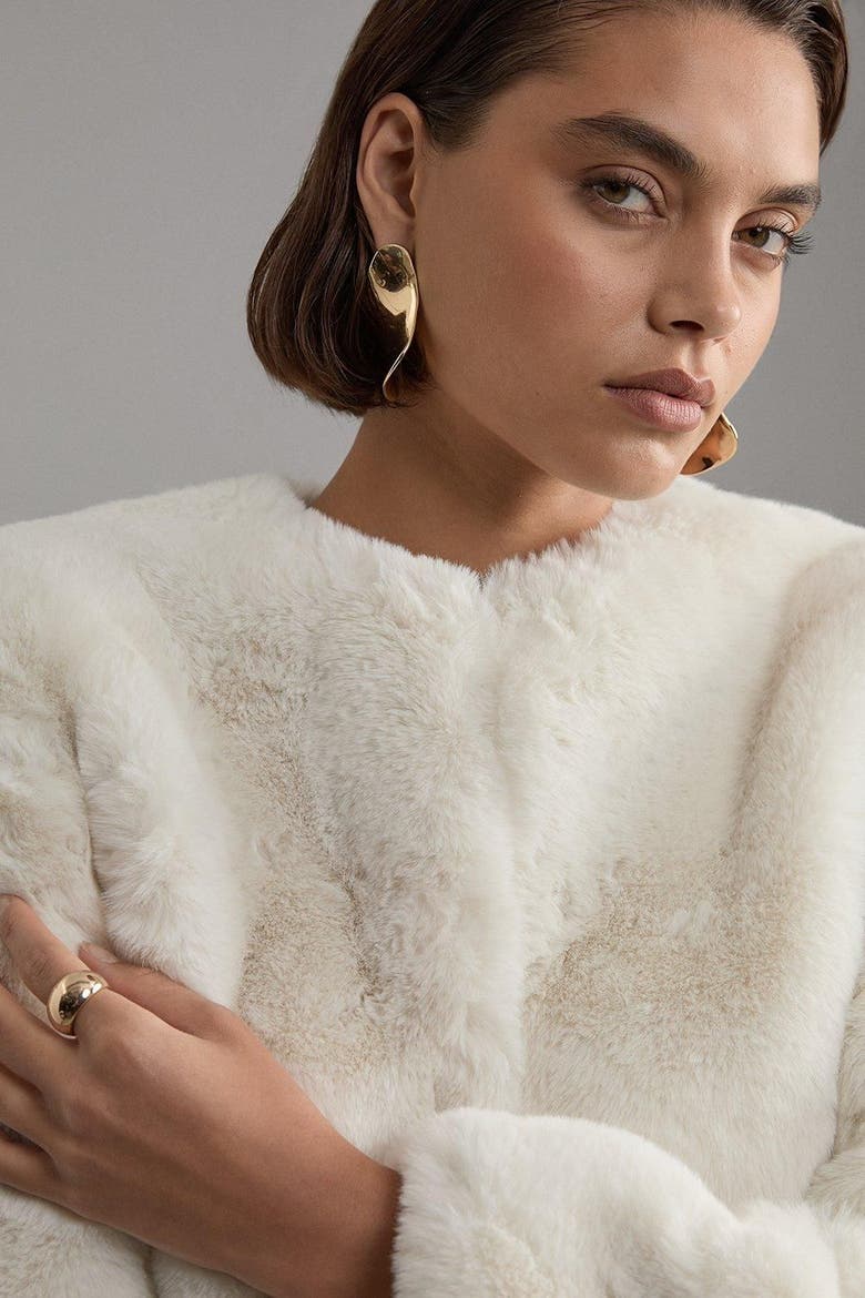 Collarless Faux Fur Jacket, Alternate, color, Ivory