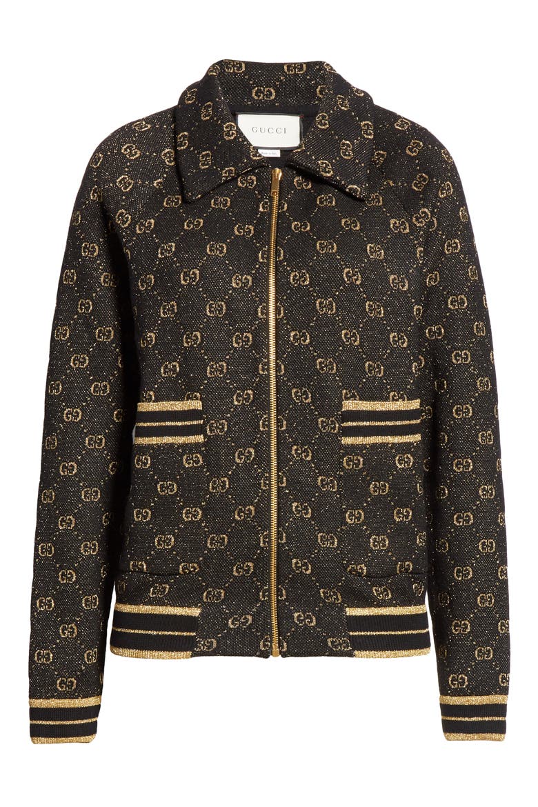 GG Metallic Jacquard Wool Blend Bomber Jacket, Main, color, BLACK/ GOLD