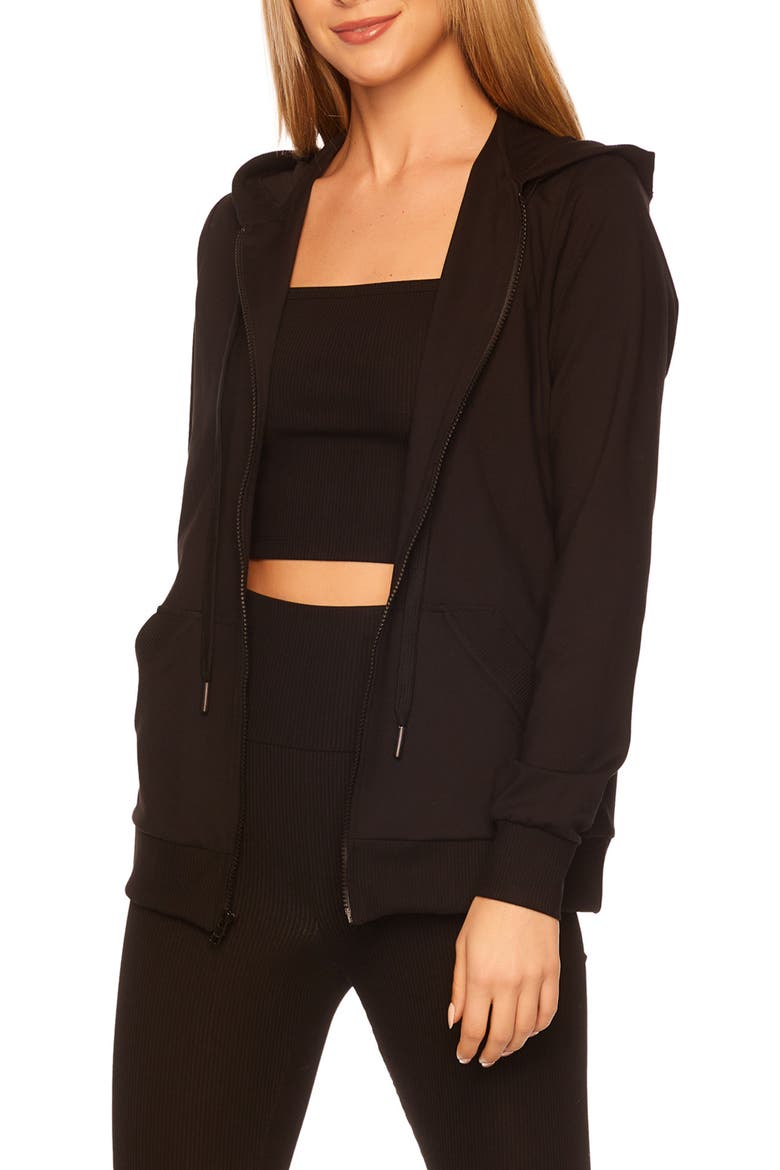 Rib Trim Full Zip Hoodie, Alternate, color, BLACK