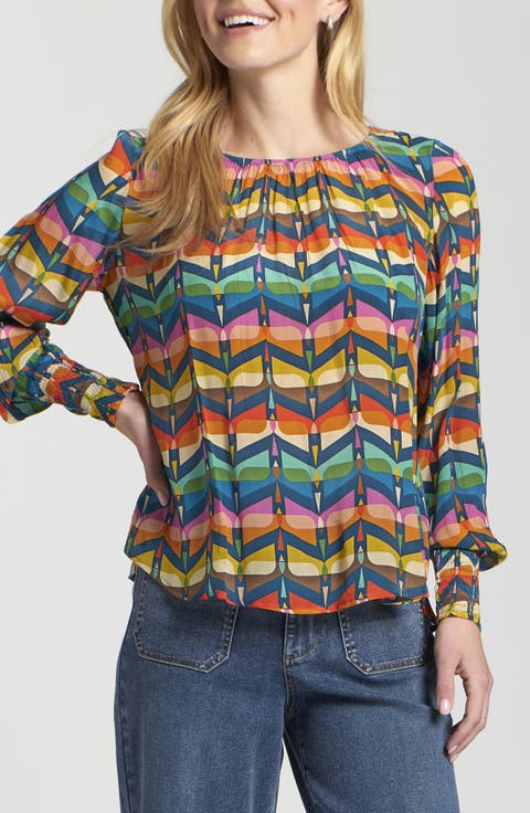 Printed Smocked Cuff Top