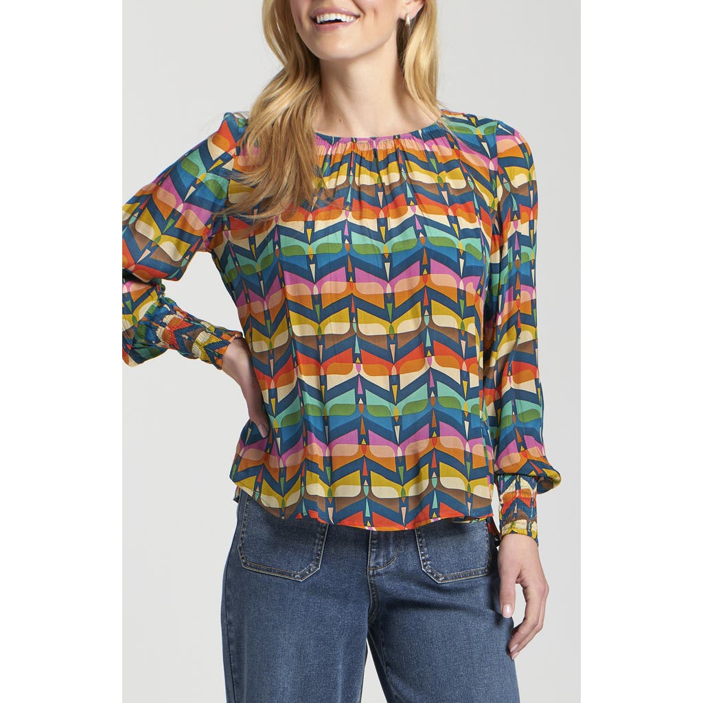Apny Printed Smocked Cuff Top In Multi