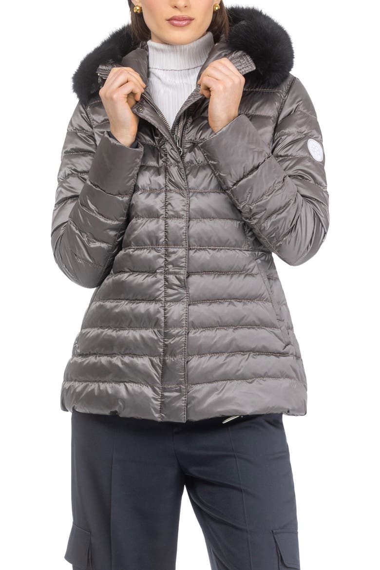 Apres-Ski Horizontal Short Jacket With Detachable Genuine Shearling Hood Trim, Main, color, GREIGE/BLACK