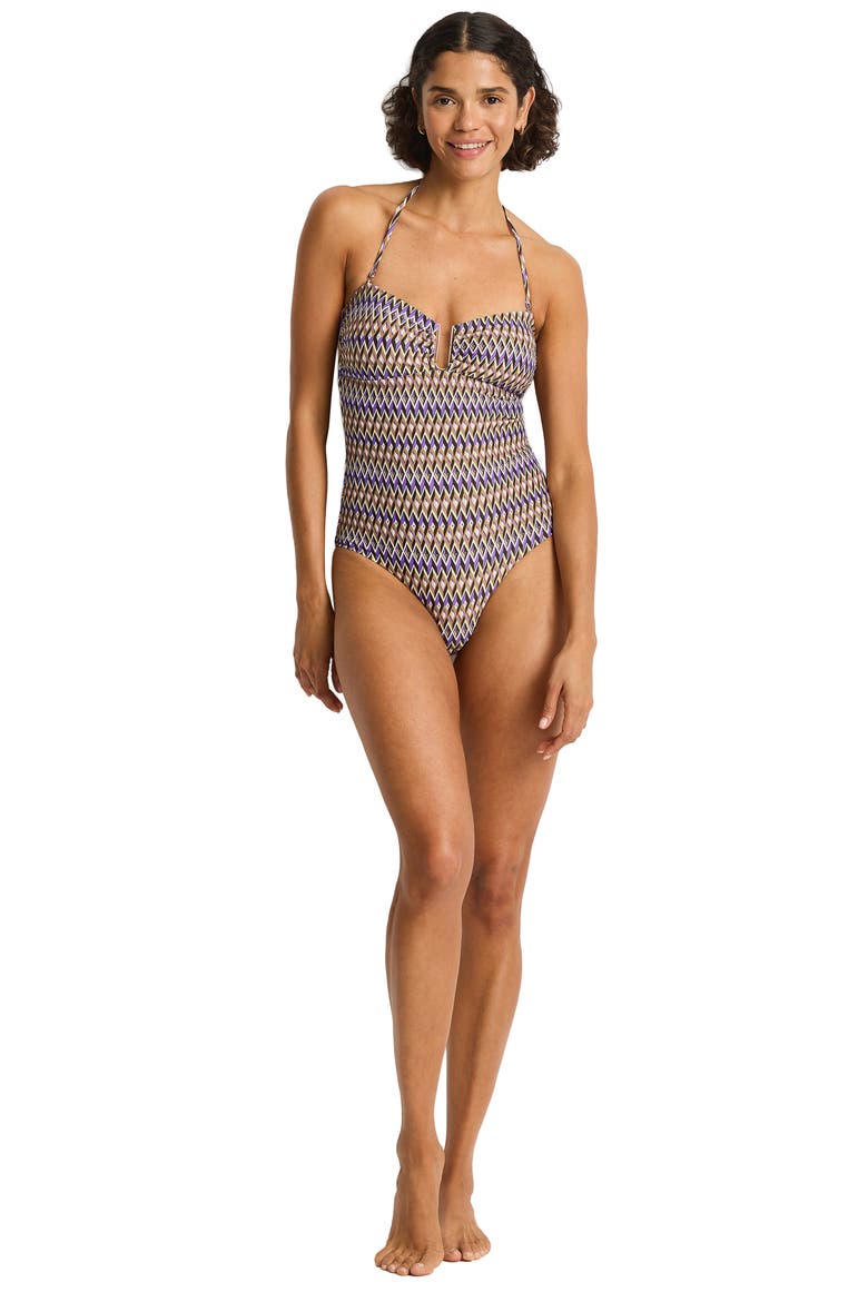 U-Bar Bandeau One-Piece Swimsuit, Alternate, color, COCOA