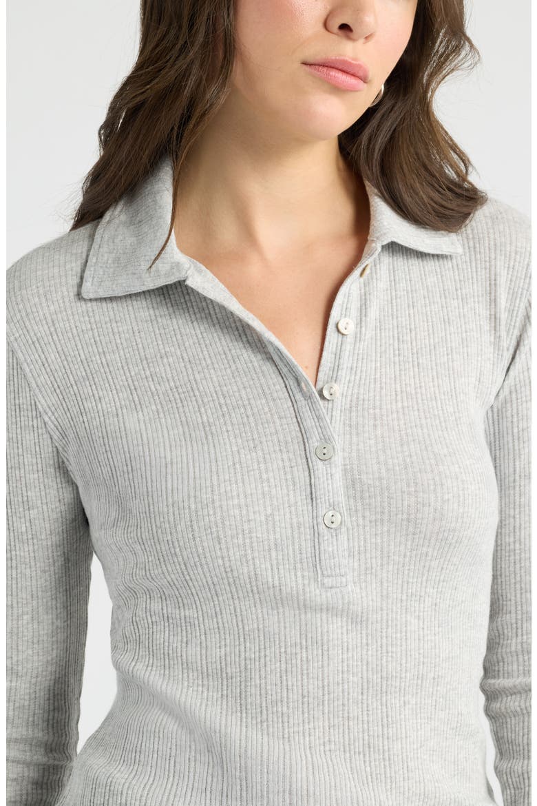 Long Sleeve Rib Polo Top, Alternate, color, GREY LIGHT HEATHER
