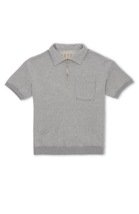 Yalepm Brushed Jersey Quarter Zip Collared Short Sleeve Sweatshirt