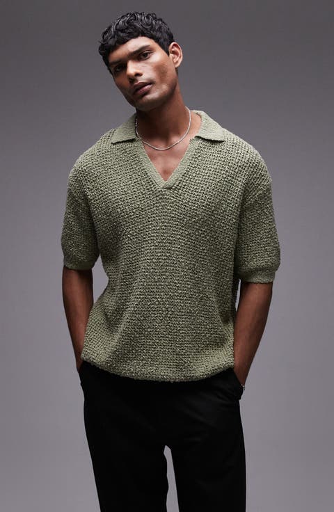 Oversize Johnny Collar Textured Cotton Polo