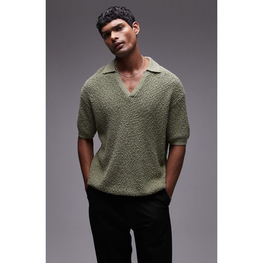 Topman Knit Camp Collar Polo In Khaki-green In Khaki