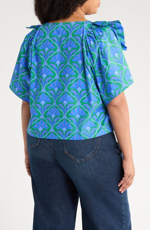 Sugarlips Sera Floral Careen Square Neck Cotton Poplin Top In Blue