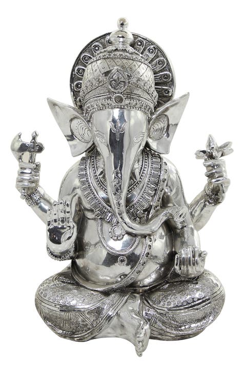 Silvertone Polystone Meditating Ganesh Sculpture with Engraved Carvings and Relief Detailing