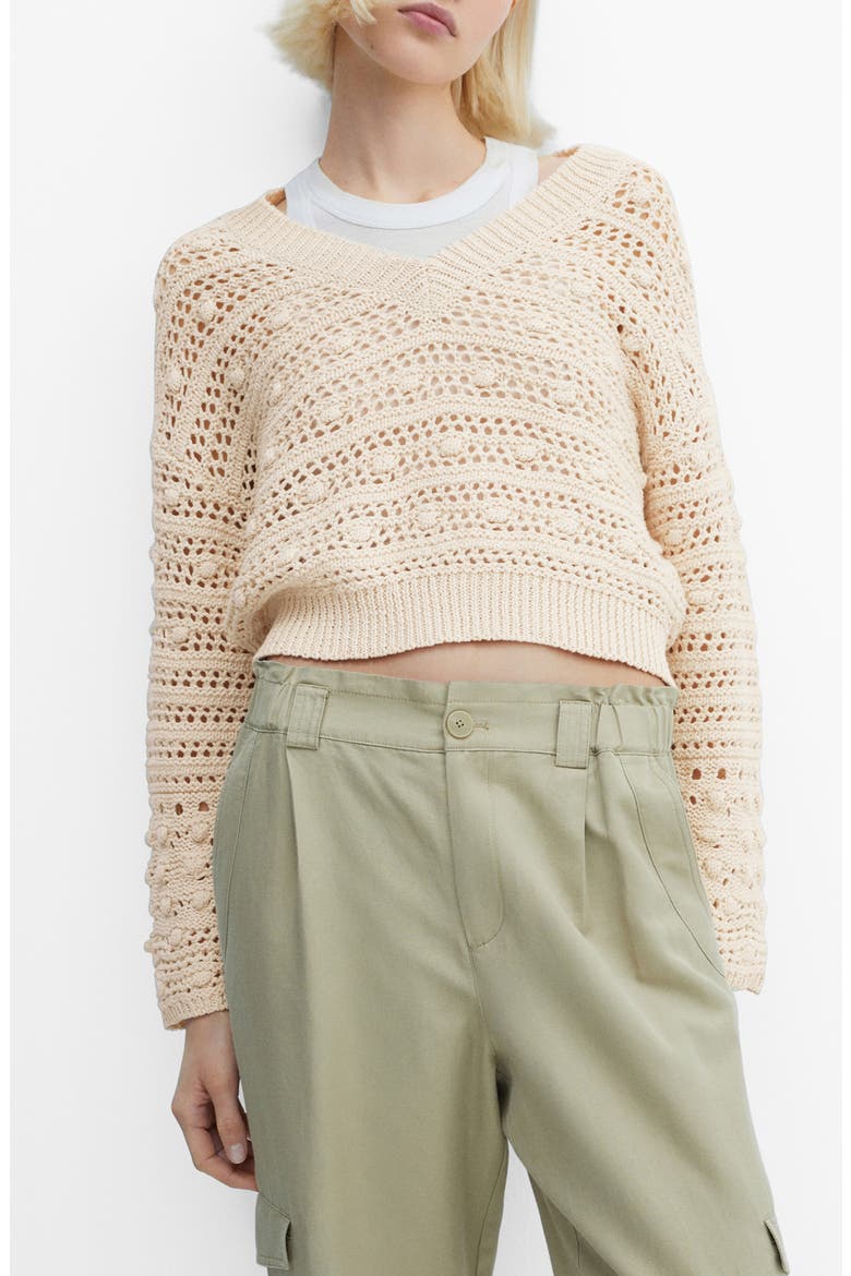 Openwork Stitch V-Neck Sweater, Main, color, LIGHT BEIGE