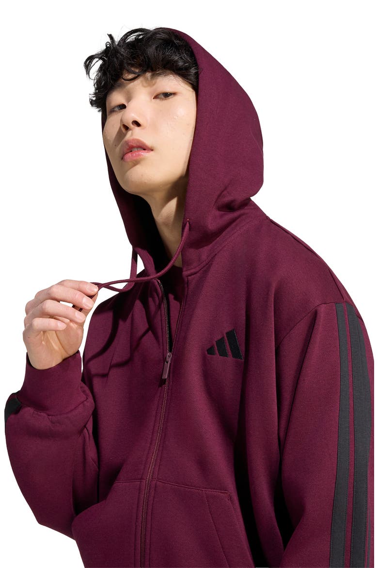 Essentials 3-Stripes Full Zip Hoodie, Alternate, color, MAROON/ BLACK