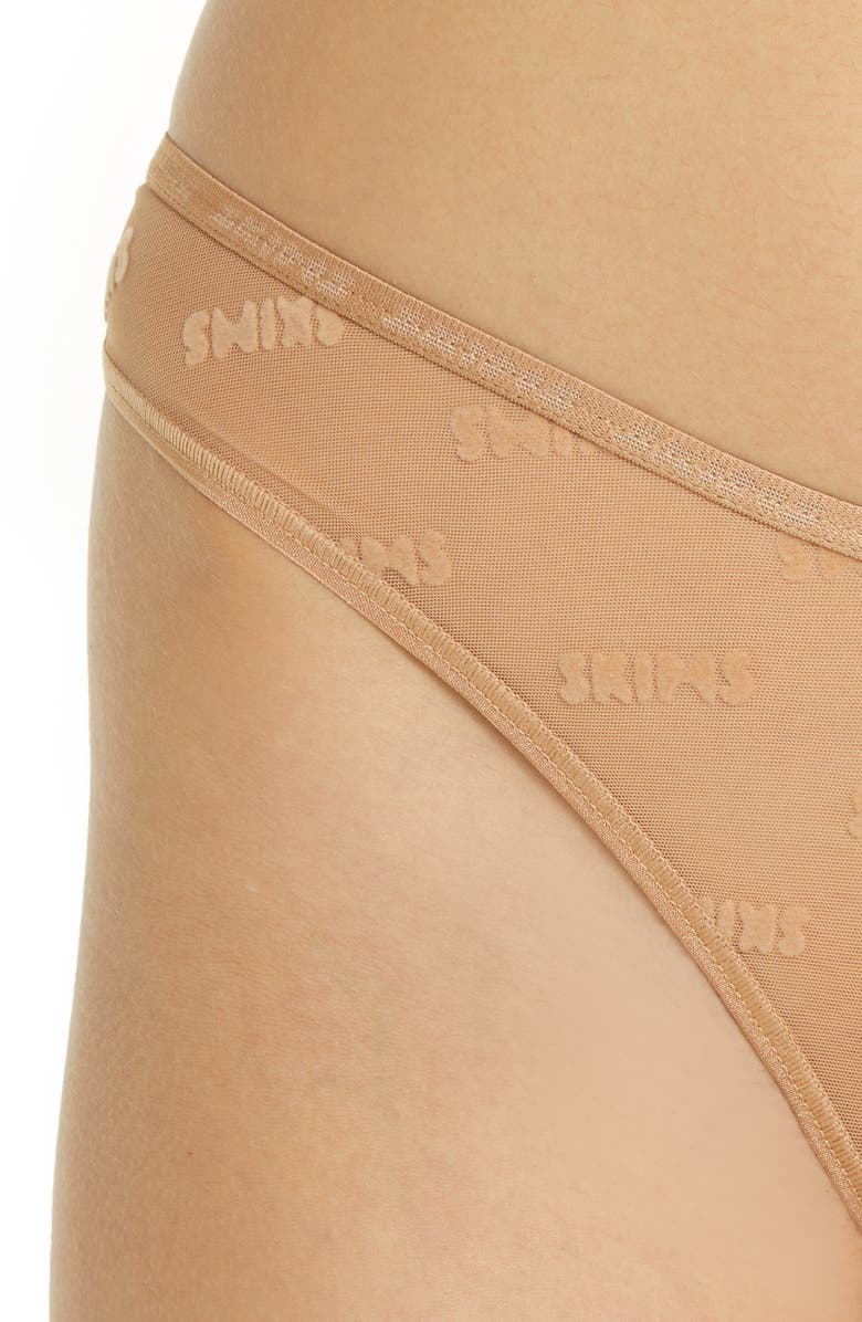 SKIMS Flocked Logo Mesh G-String Thong, Alternate, color, Ochre