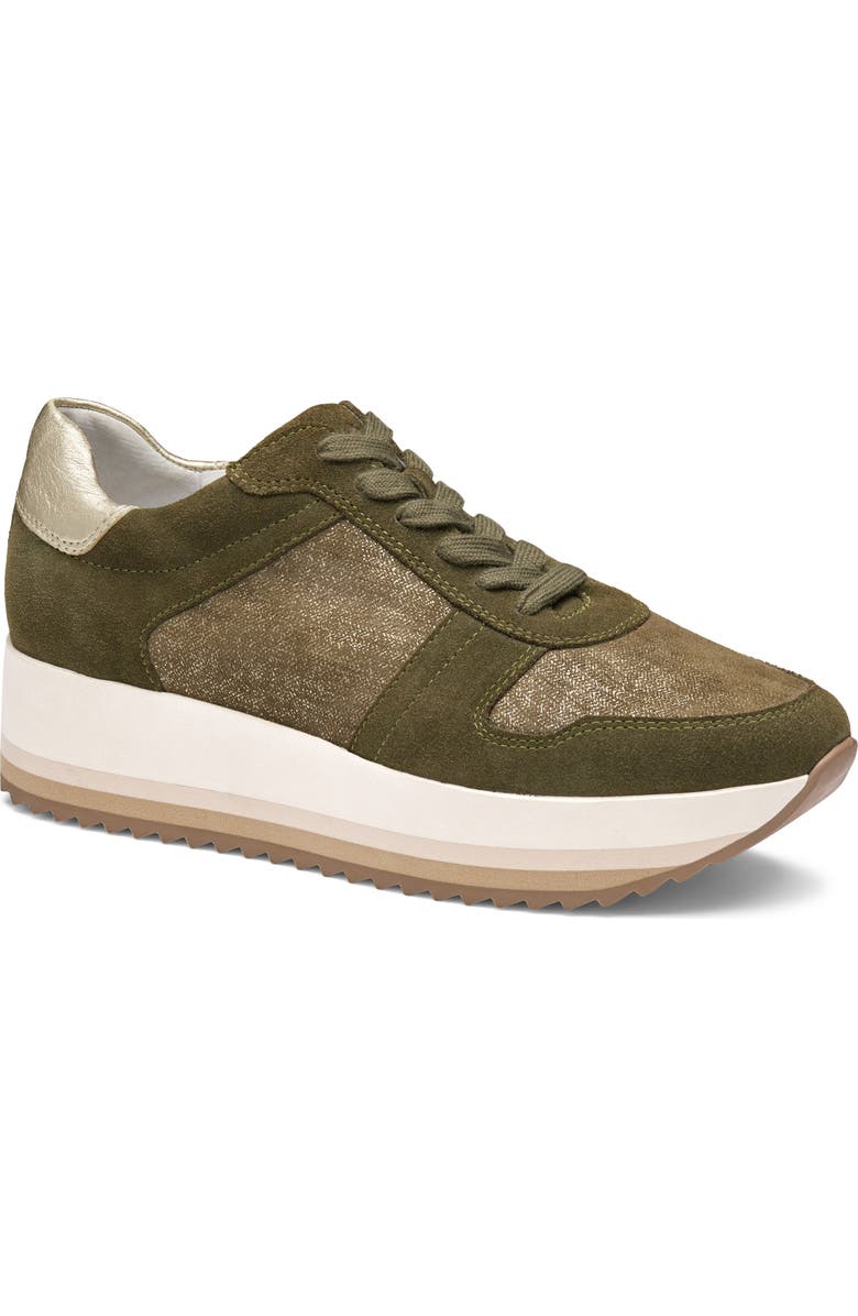 Johnston
Murphy Gracie Colorblock Platform Sneaker, Main, color, Olive Suede / Metallic Suede