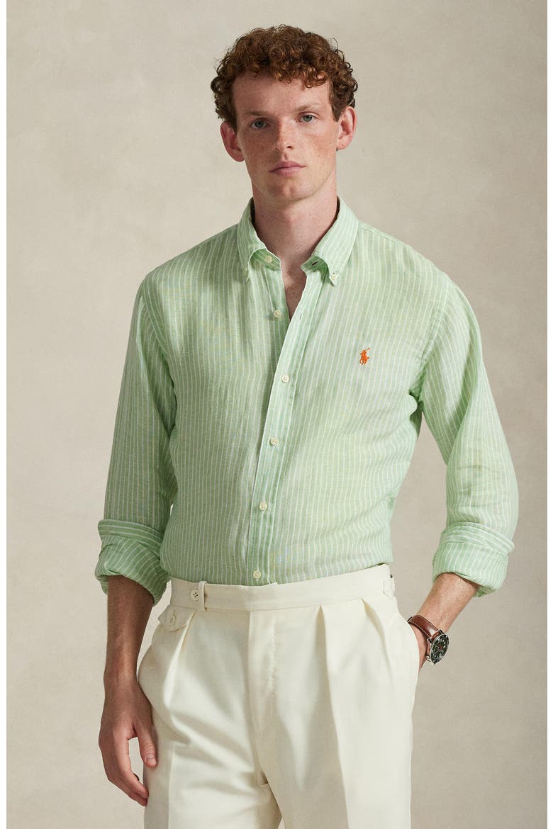 Classic Fit Stripe Linen Button-Down Shirt, Alternate, color, ESSEX GREEN WHITE