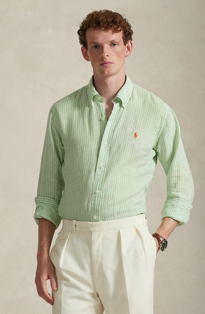 Polo Ralph Lauren Classic Fit Stripe Linen Button-Down Shirt, Alternate, color, Essex Green White