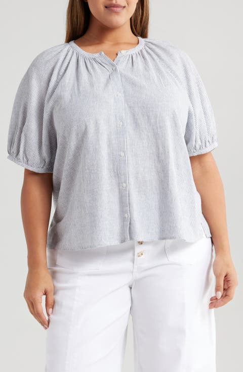 Stripe Linen Blend Puff Sleeve Top (Plus)