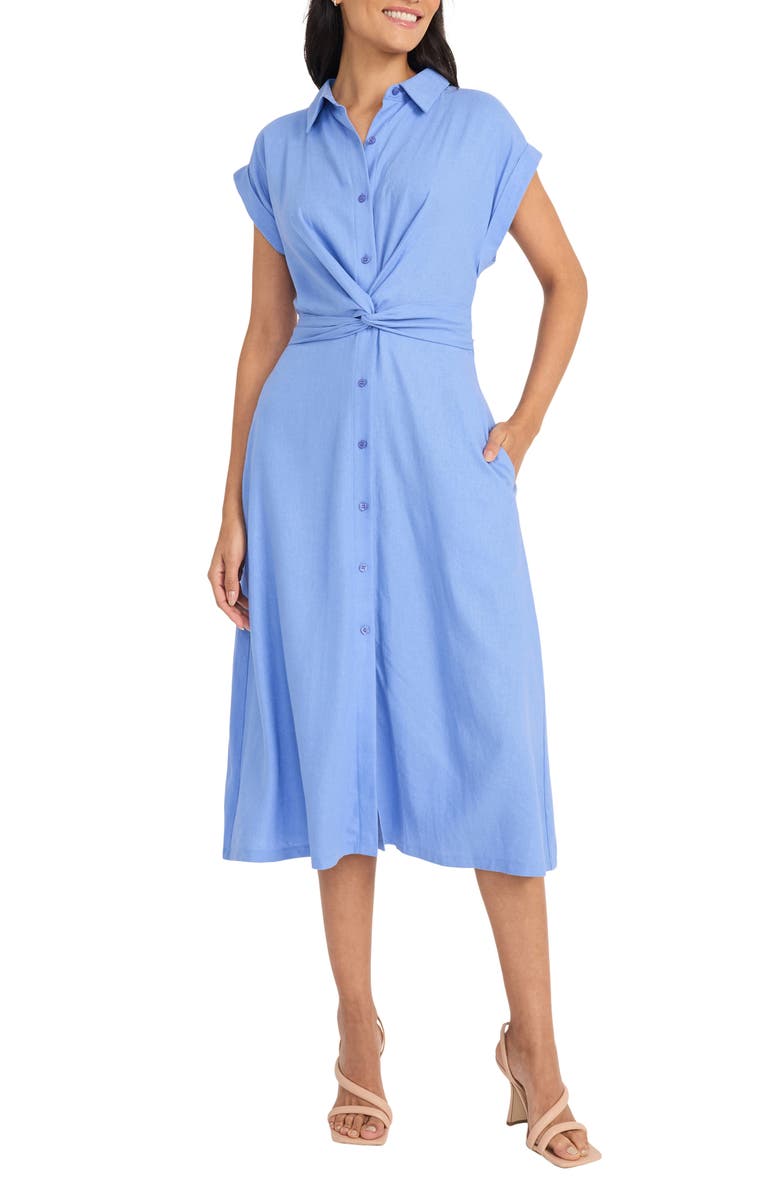 Maggy London Twist Front Short Sleeve Linen Blend Shirtdress, Main, color, Blue Bonnet