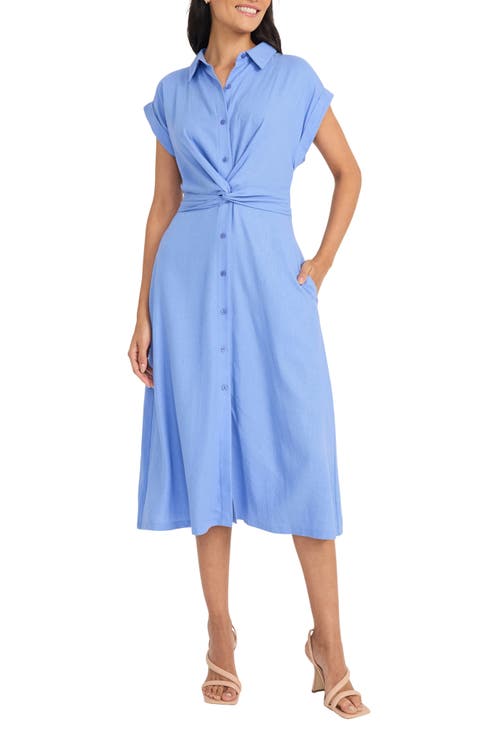 Twist Front Short Sleeve Linen Blend Shirtdress