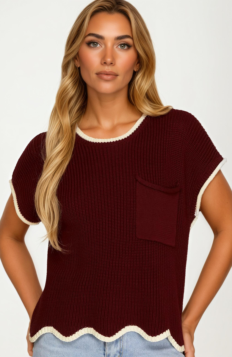 Knit and Lounge Short Sleeve Contrast Trim Pocket Knit Top, Alternate, color,