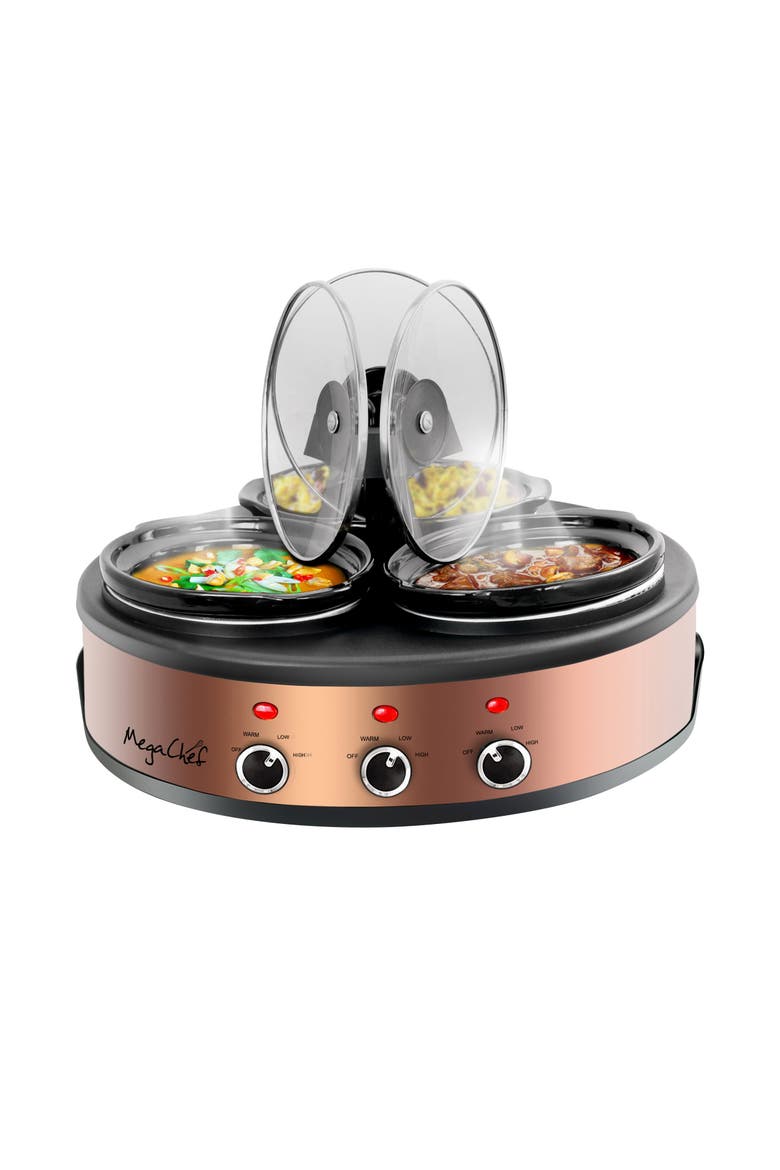 Round Slow Cooker and Buffet Server with 3 Ceramic Cooking Pots, Main, color, Black