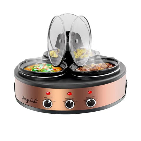 Round Slow Cooker and Buffet Server with 3 Ceramic Cooking Pots