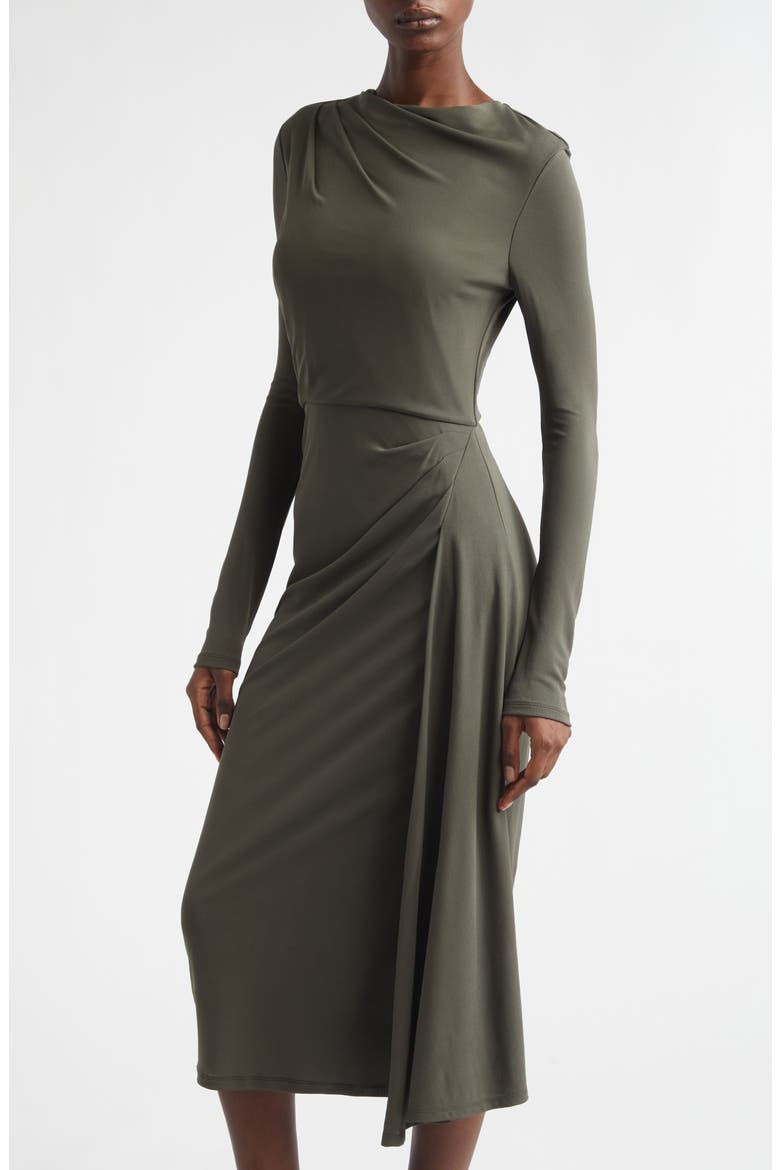Long Sleeve Draped Midi Dress, Alternate, color, MILITARY GREEN